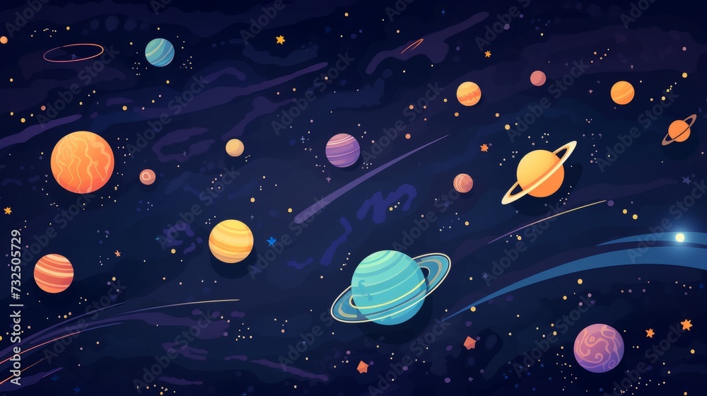 Vibrant flat vector space background: adorable starry template in outer space