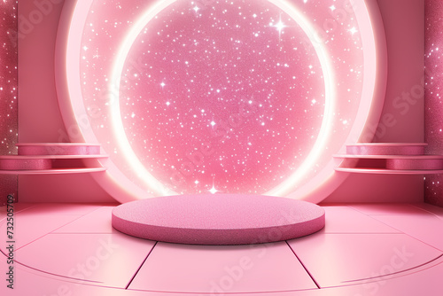 Pink podium 3d illustration background , mock up display with sparkle and glitter for beauty products or holiday event.	