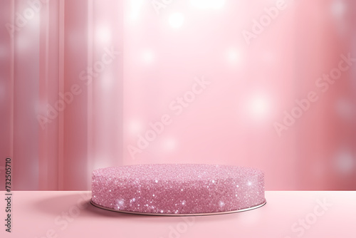Pink podium 3d illustration background , mock up display with sparkle and glitter for beauty products or holiday event.	