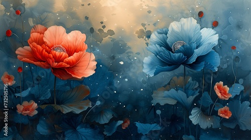Flower Power: A Vibrant Display of Red and Blue Flowers Generative AI © Sheela