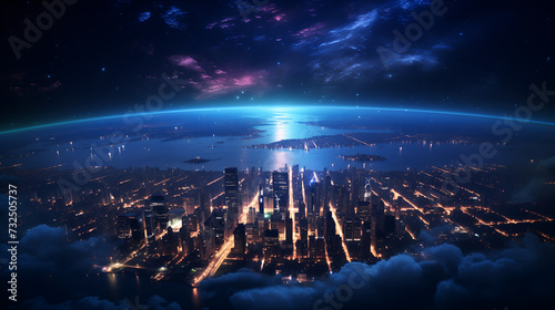 Planet earth radiating captivating glow against dark cosmos, bustling city lights visible from space