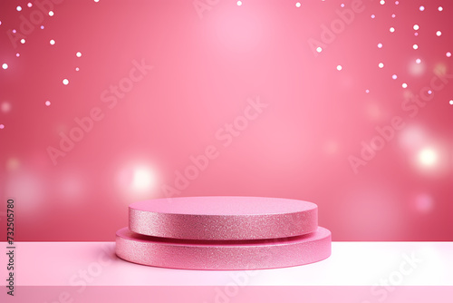 Pink podium 3d illustration background , mock up display with sparkle and glitter for beauty products or holiday event.	