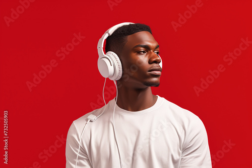 Young african american man listening to music with headphones on red background, Ai Generated