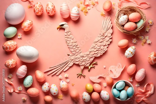 Overhead shot of a light coral-toned ambiance adorned with whimsical Easter decorations and a variety of eggs, creating a captivating eagle-eye backdrop for your celebratory text