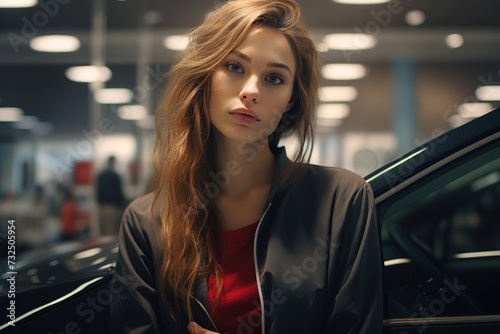 Young beautiful woman in a car showroom, Beauty, fashion concept, Ai generated