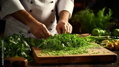 Close-up of a professional chef's hands finely chopping fresh parsley greens on a wooden cutting board. 