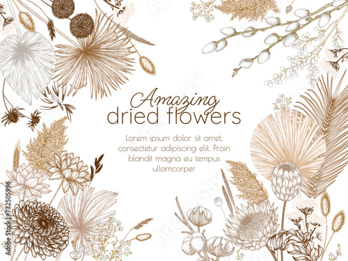 Vector illustration of a card template with a bouquet of dried flowers in engraving style