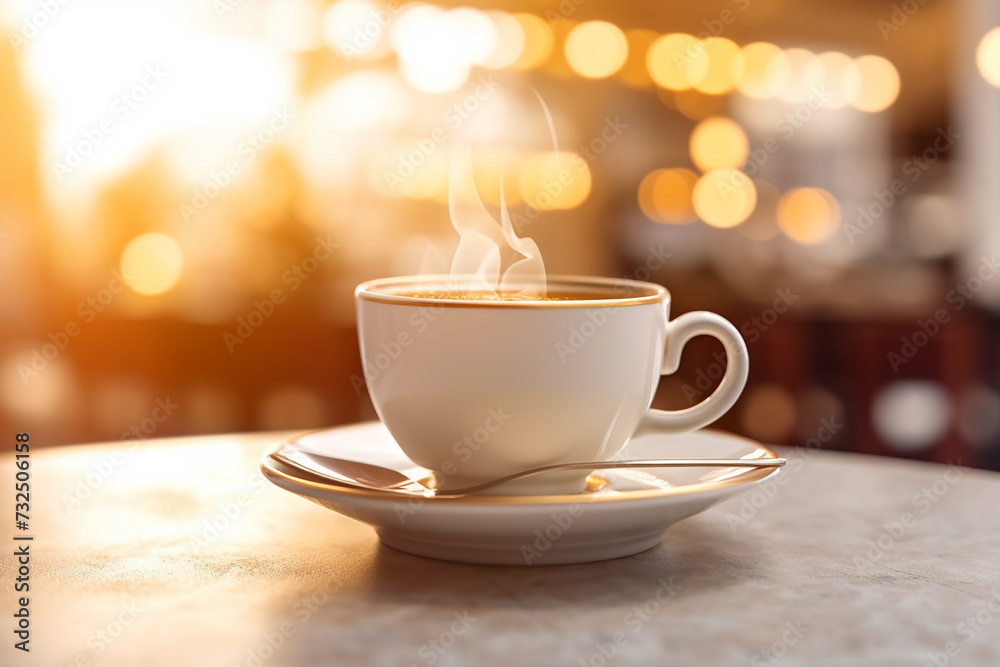 Steaming coffee cup on table with warm light. Steaming coffee cup on table with warm light.