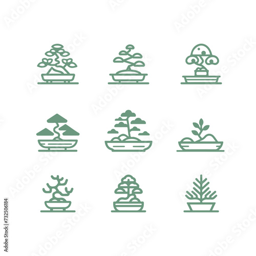 Simple Minimalist Linear Icons Set of Bonsai Trees.