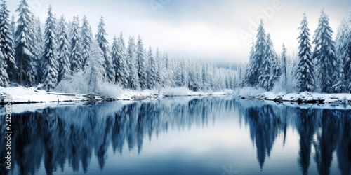 Rows of pines in snow on the lake edge. Serene winter landscape. Generative AI © AngrySun