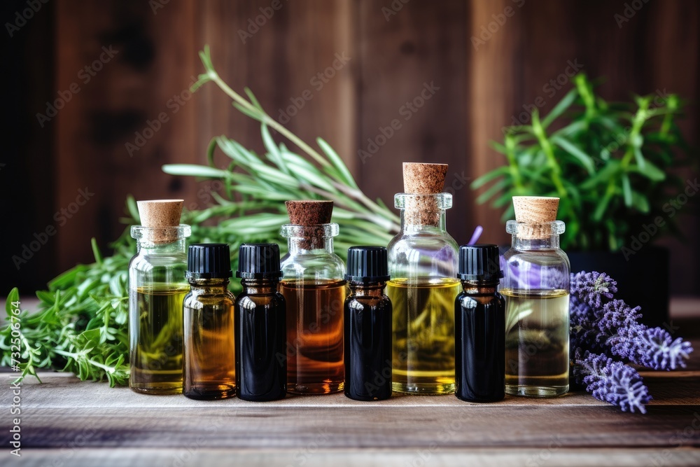 An assortment of essential oil bottles with fresh plants such as lavender, peppermint and rosemary An assortment of essential oil bottles with fresh plants such as lavender, peppermint and rosemary