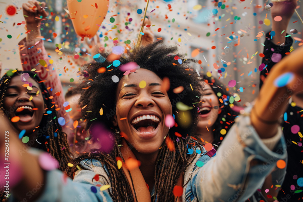 Amidst a cascade of confetti, a diverse group of people comes together in celebration, their expressions radiating joy and excitement, creating a scene filled with infectious energy