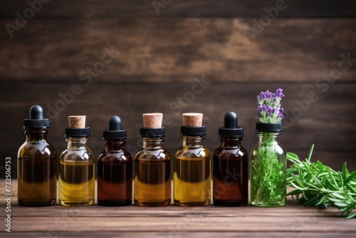 An assortment of essential oil bottles with fresh plants such as lavender, peppermint and rosemary