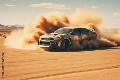 The car is drifting in the desert in the sand