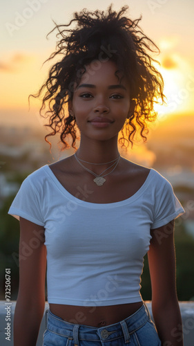 African woman in white t-shirt and jeans on background of summer urban modern city.
