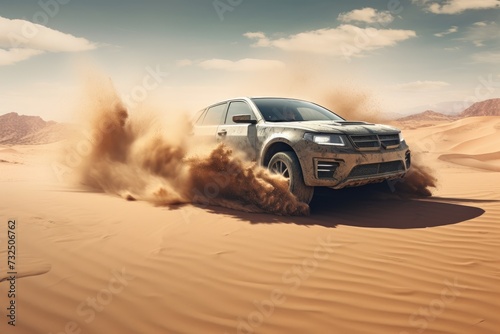The car is drifting in the desert in the sand photo