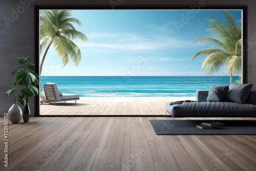 Sea view empty large living room of luxury summer beach house with wooden terrace. Minimal home interior with beach and sea view. © Lubos Chlubny