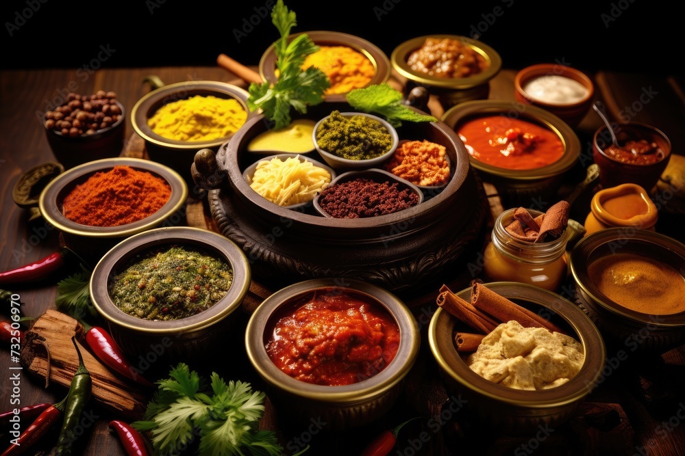 Traditional Indian dishes on the wooden table, selection of assorted spicy food Traditional Indian dishes on the wooden table, selection of assorted spicy food