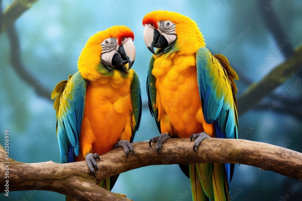 Two parrots sitting together on a branch in the rainforest. Colorful scarlet macaw parrots.