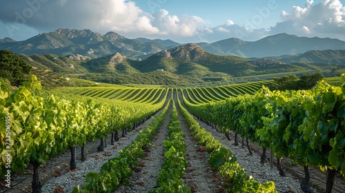 rows of green plants in a vineyard