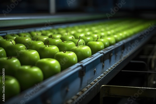 Ripe green apples on conveyor
