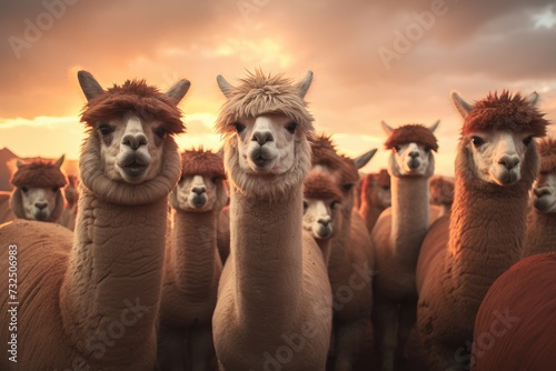 Herd of alpacas at sunset