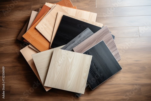 Wood laminate floor samples, vinyl tile. Assortment of parquet or laminate floor samples in natural colors.