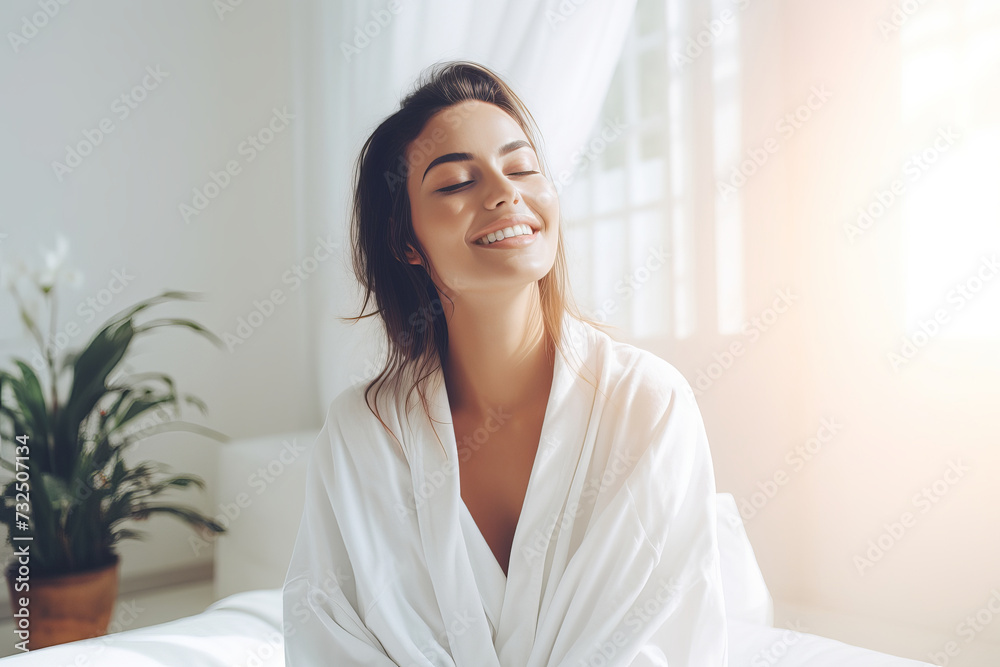 Happy smiling relax European young woman in white color bathrobe waiting massage Happy smiling relax European young woman in white color bathrobe waiting massage