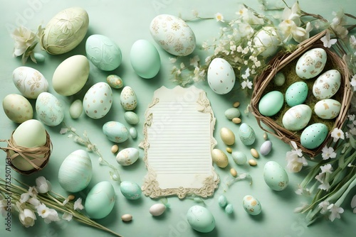 Pale mint green ambiance featuring detailed Easter adornments and an array of eggs, crafting an enchanting space for your celebratory words