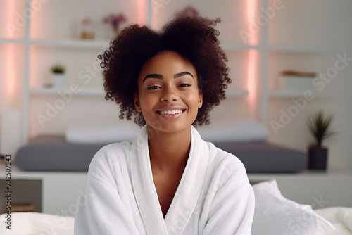 Happy beautiful smiling Afro-American young woman in white color bathrobe waiting massage