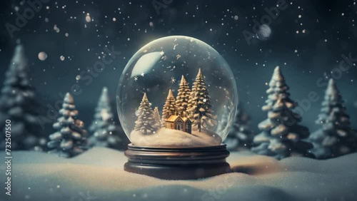 a snow globe on a beautiful snow landscape with trees and a snow fall effect winter background 4k video