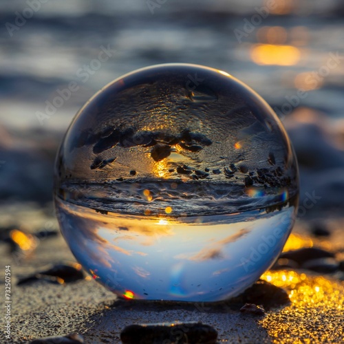 Golden sunset illuminating a glass sphere on a sandy beach.