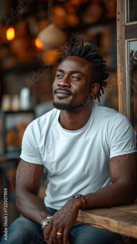 African man in white t-shirt and jeans sitting at table at modern cafe.