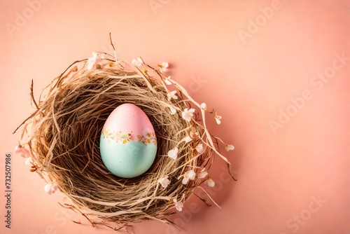 Top-down view of an adorable Easter egg nestled in a nest on the side, against a soft peachy-pink background, creating a heartwarming scene with ample copy space for your text photo