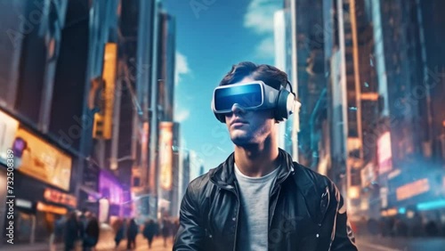 young man virtual reality in the metropilis city  photo