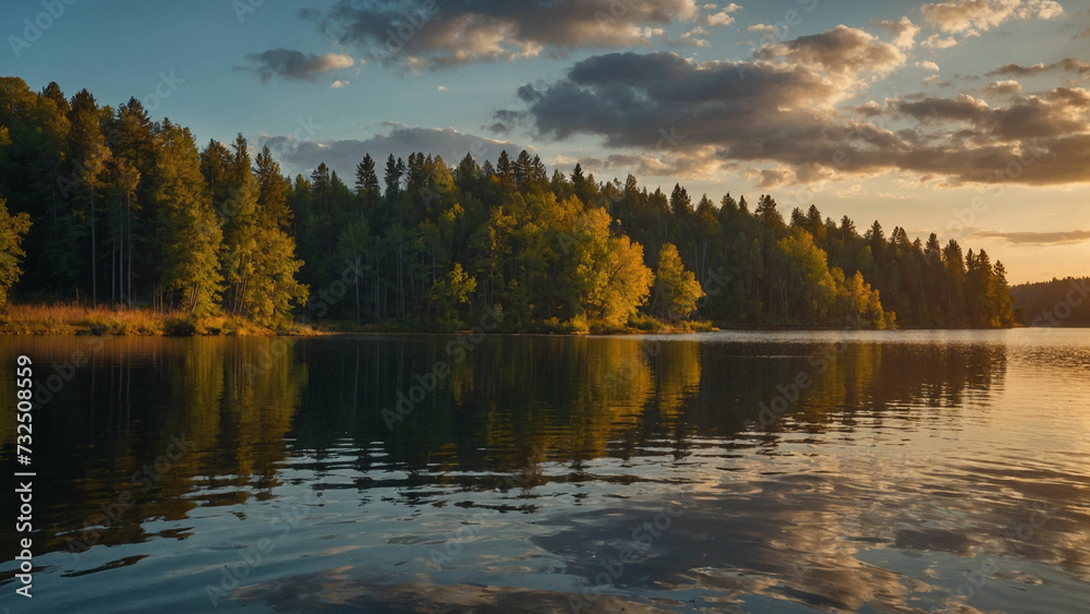 Photograph the intimate moment when the last rays of the sun kiss the tips of the trees by the lake and enveloping the landscape in a soft, warm light, as the day gracefully transitions into night