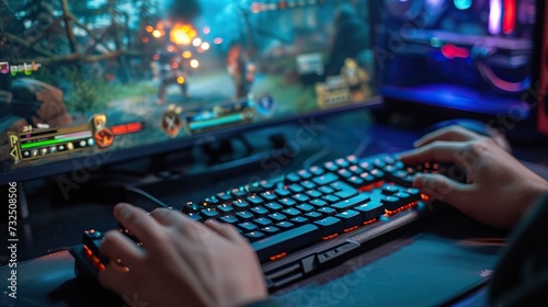 A gamer's hands are intensely engaged on a backlit gaming keyboard and mouse, with a vividly detailed game environment visible on the monitor in the background.