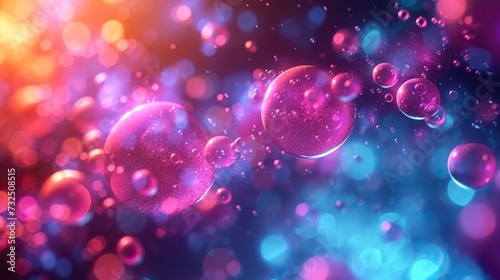 Vibrant abstract background featuring translucent bubbles in pink and blue hues with a bokeh effect, conveying a sense of fantasy or science.