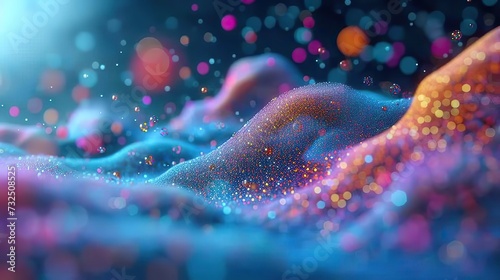 A mesmerizing abstract landscape with undulating waves dotted with sparkling, colorful particles creating a dreamlike bokeh effect. photo