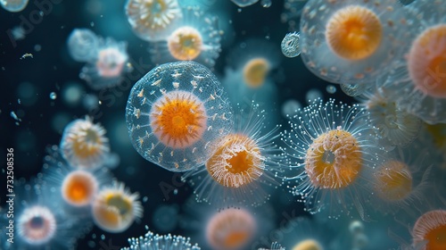 A mesmerizing underwater photograph of translucent jellyfish with glowing centers, drifting gracefully in the deep blue sea.