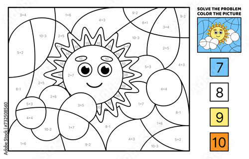 Sun and clouds in sky. Solve the problem, color the picture. Coloring book. Vector