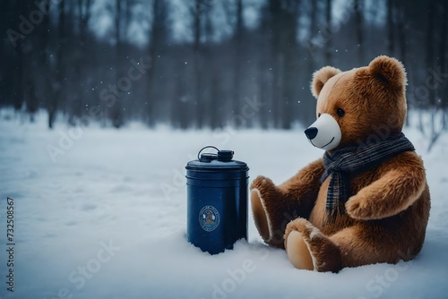 Create a scene where a toy teddy bear sitting alone on snow becomes the unlikely guardian of a lost kitten, offering warmth and comfort in the cold