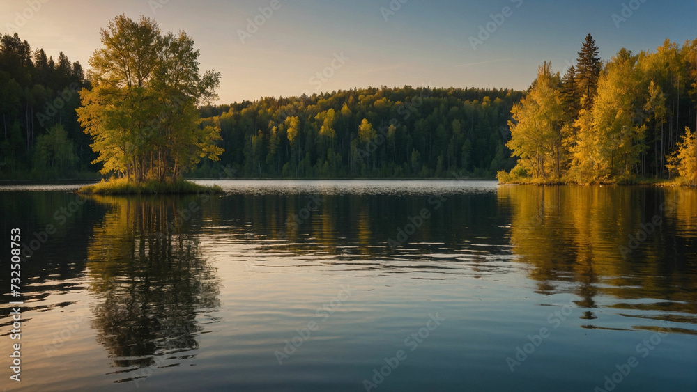 Obraz premium Photograph the intimate moment when the last rays of the sun kiss the tips of the trees by the lake and enveloping the landscape in a soft, warm light, as the day gracefully transitions into night