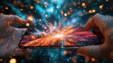 Hands holding a smartphone displaying a vibrant galactic explosion, blending technology with the wonders of space exploration.