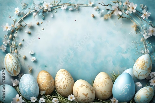 Subdued sky-blue background with elaborate Easter embellishments and an assortment of eggs, creating an ethereal setting for your celebratory message