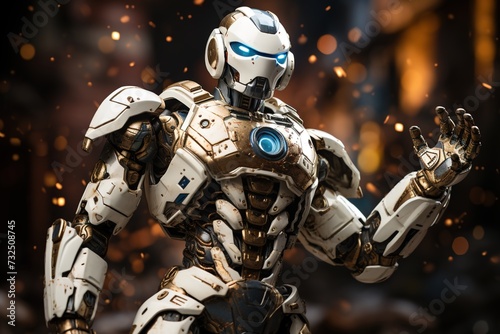 Against a backdrop of innovation, a white robotic form represents the future of robotics with its sleek and futuristic design
