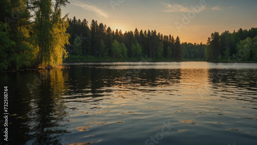 Photograph the intimate moment when the last rays of the sun kiss the tips of the trees by the lake and enveloping the landscape in a soft, warm light, as the day gracefully transitions into night photo