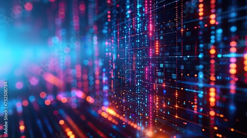 This image captures the essence of data flow and network connectivity in a digital space, highlighted by vibrant neon light patterns.