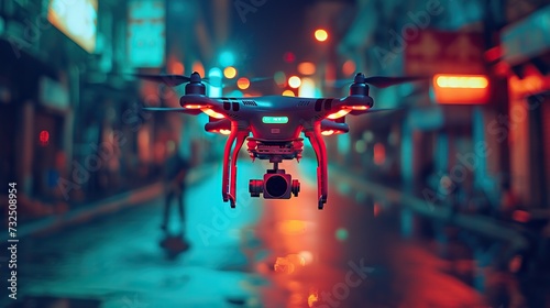 A camera-equipped drone hovers in a neon-lit alley, adding a high-tech element to the urban nightlife scene.