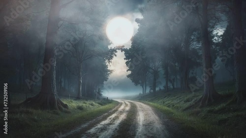 haunted place forest moon and road the side is grass. seamless looping time-lapse animation video background photo